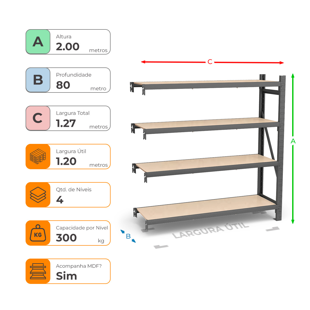 Mini Porta Paletes Complementar A2.00xL1.20xP0.80 - 4 Níveis 300 Kg por Nível MDF Std