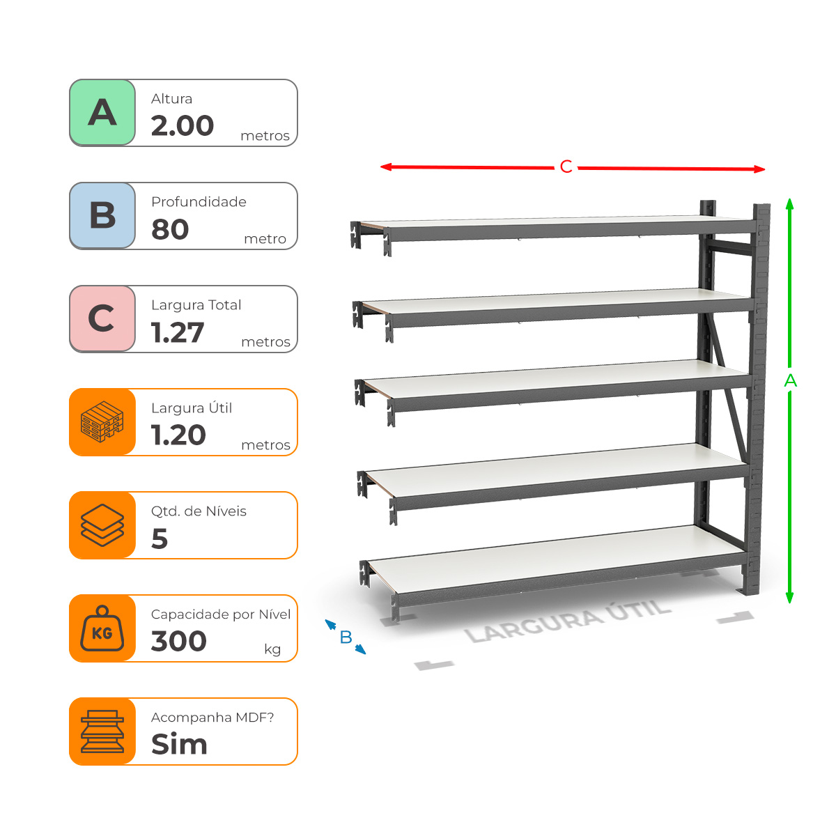 Mini Porta Paletes Complementar A200xL120xP80 - 5 Níveis 300 Kg Por Nível Com MDF