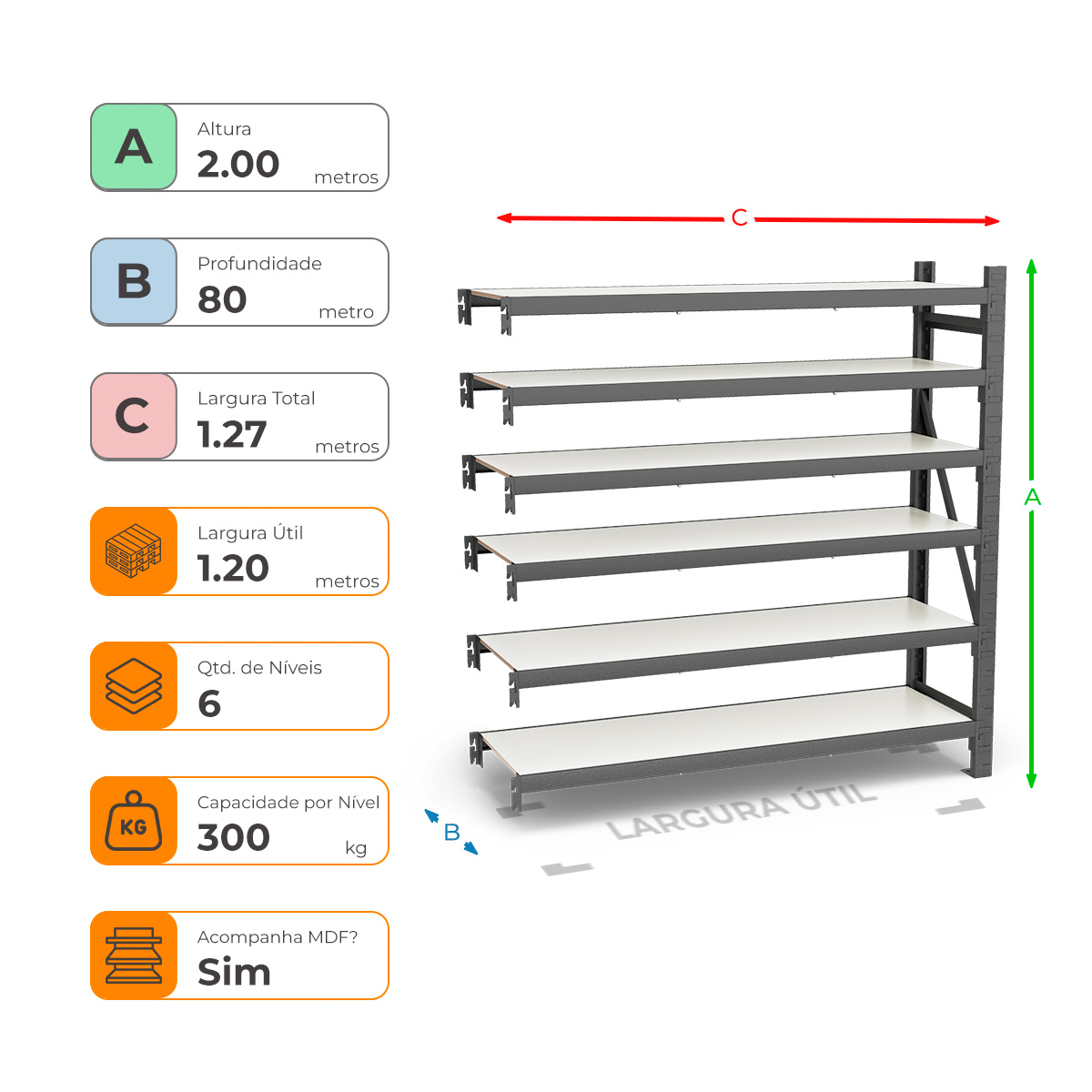 Mini Porta Paletes Complementar A200xL120xP80 - 6 Níveis 300 Kg Por Nível Com MDF