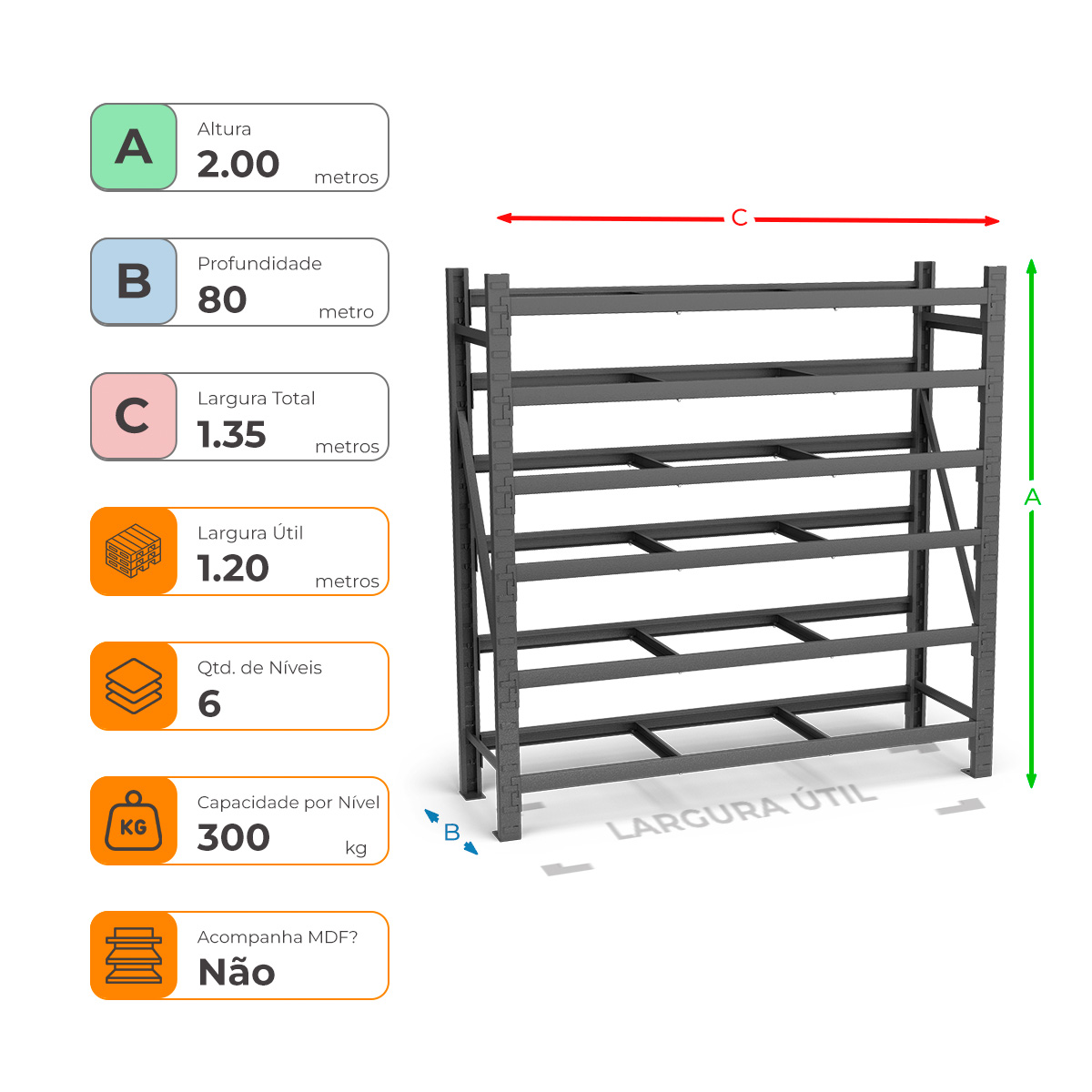 Mini Porta Paletes Inicial A200xL120xP80 - 6 Níveis 300 Kg Por Nível Sem MDF