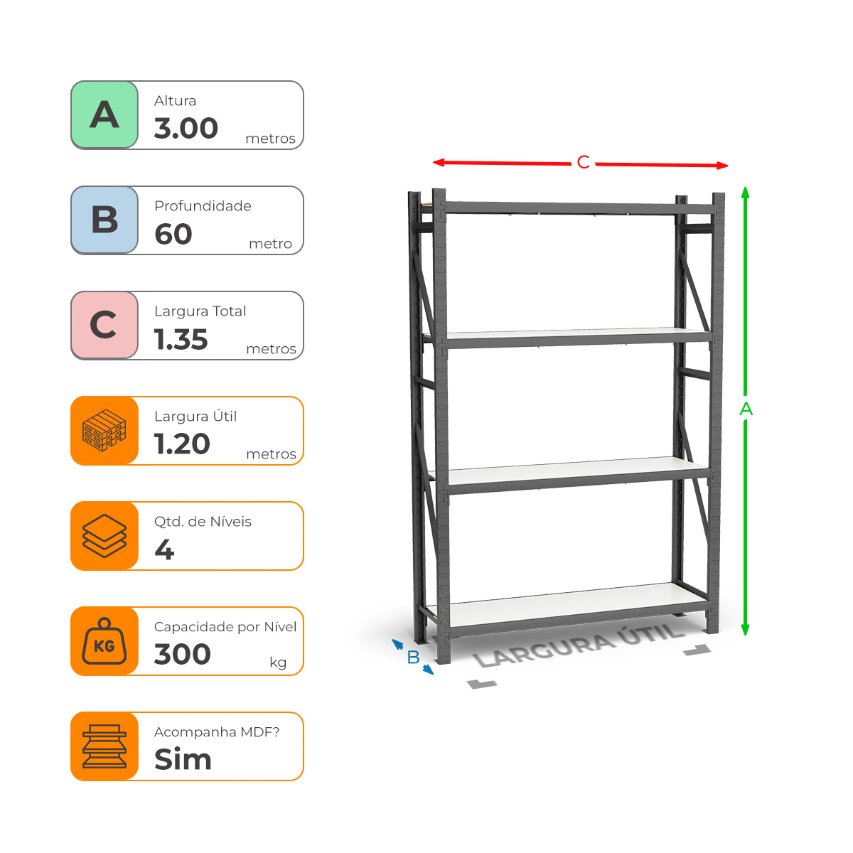 Mini Porta Paletes Inicial A300xL120xP60 - 4 Níveis 300 Kg Por Nível Com MDF
