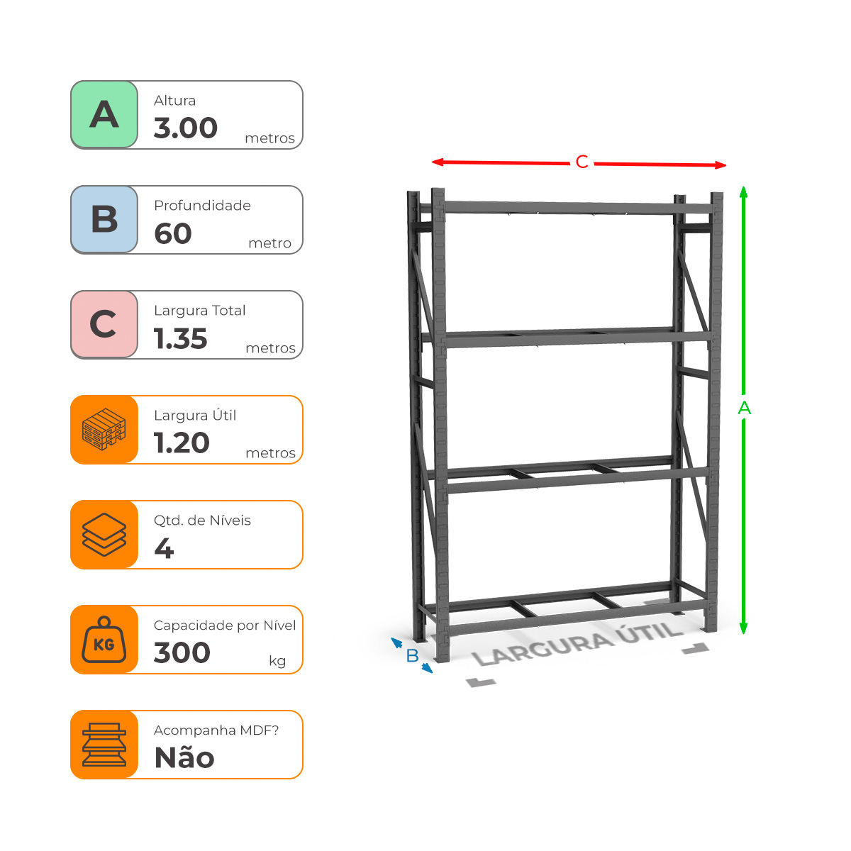 Mini Porta Paletes Inicial A300xL120xP60 - 4 Níveis 300 Kg Por Nível Sem MDF