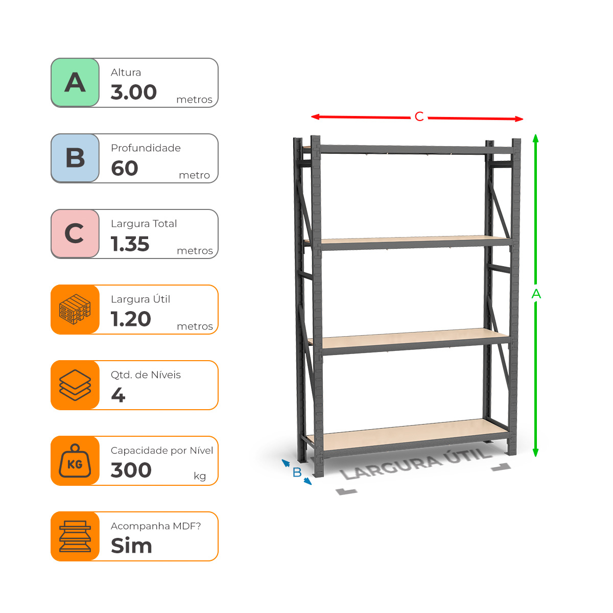 Mini Porta Paletes Inicial A3.00xL1.20xP0.60 - 4 Níveis 300 Kg por Nível MDF Std