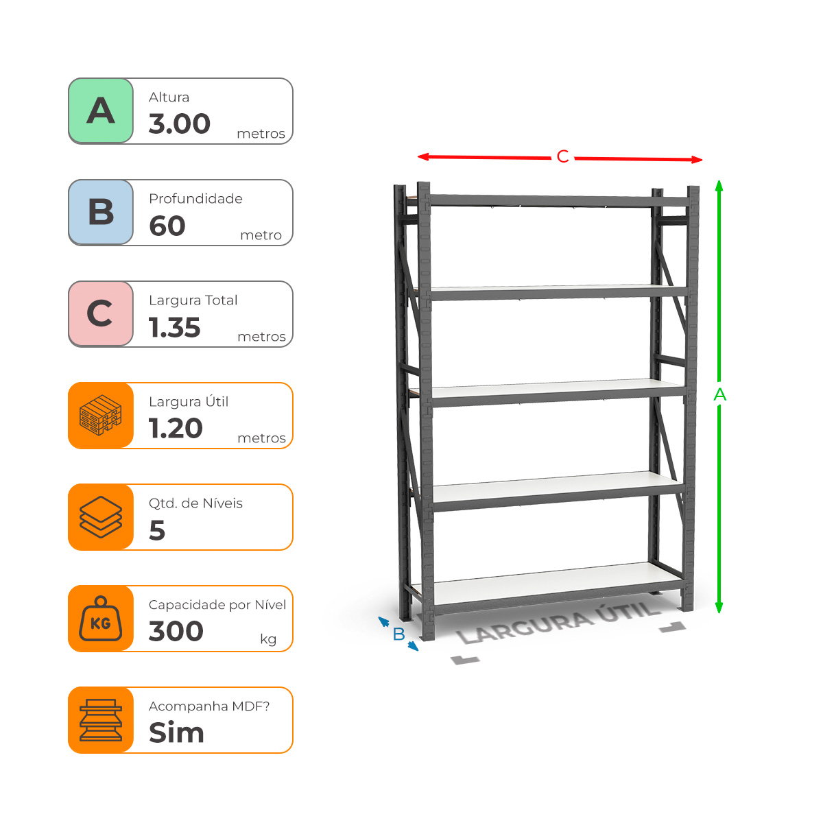 Mini Porta Paletes Inicial A300xL120xP60 - 5 Níveis 300 Kg Por Nível Com MDF