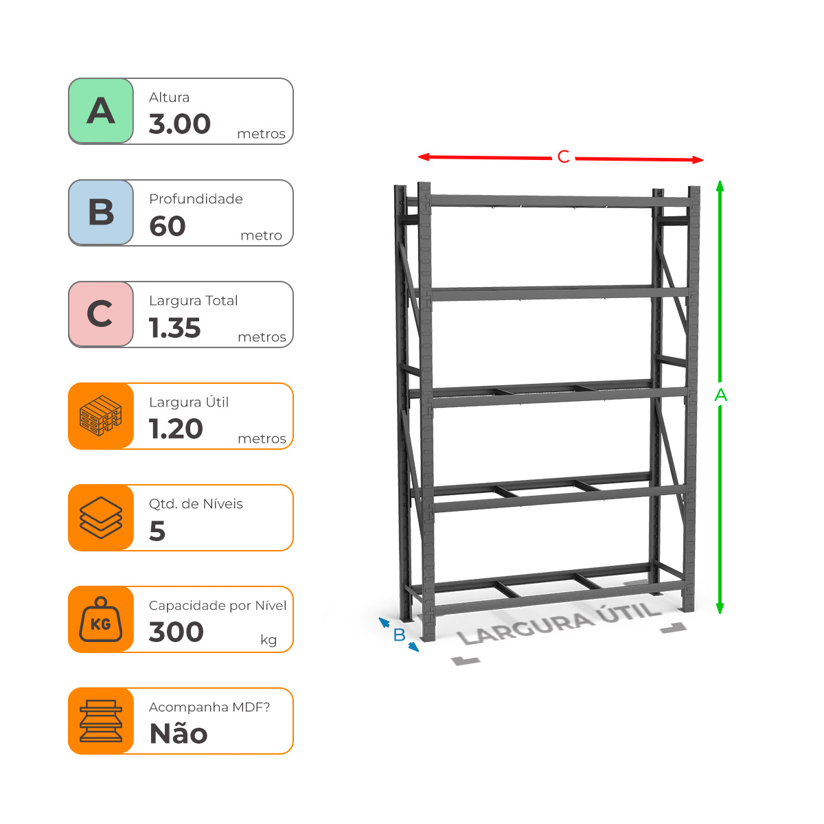 Mini Porta Paletes Inicial A300xL120xP60 - 5 Níveis 300 Kg Por Nível Sem MDF