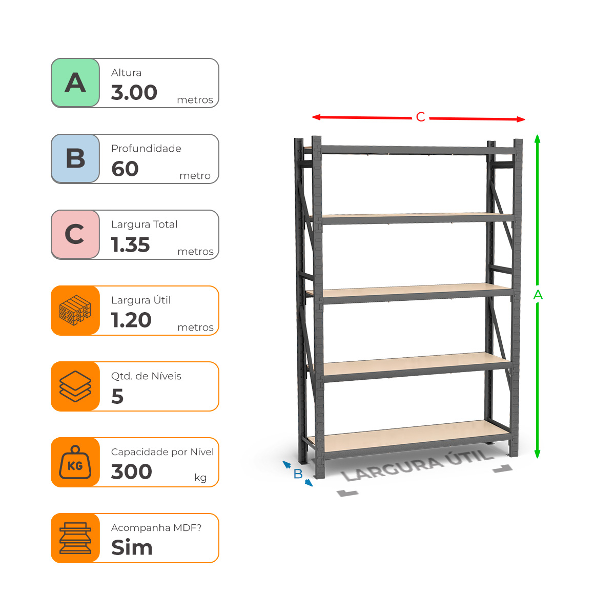 Mini Porta Paletes Inicial A3.00xL1.20xP0.60 - 5 Níveis 300 Kg por Nível MDF Std