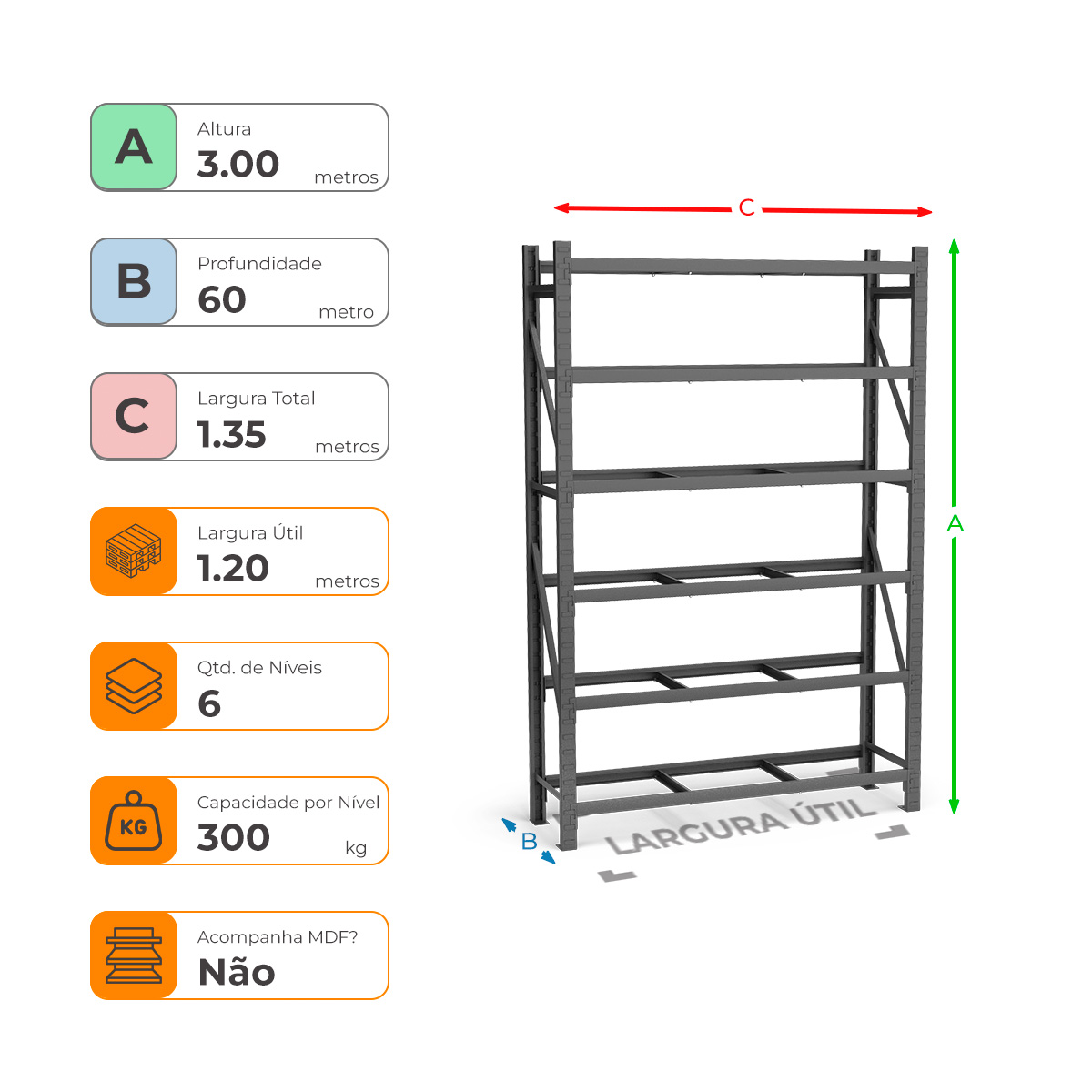 Mini Porta Paletes Inicial A300xL120xP60 - 6 Níveis 300 Kg Por Nível Sem MDF