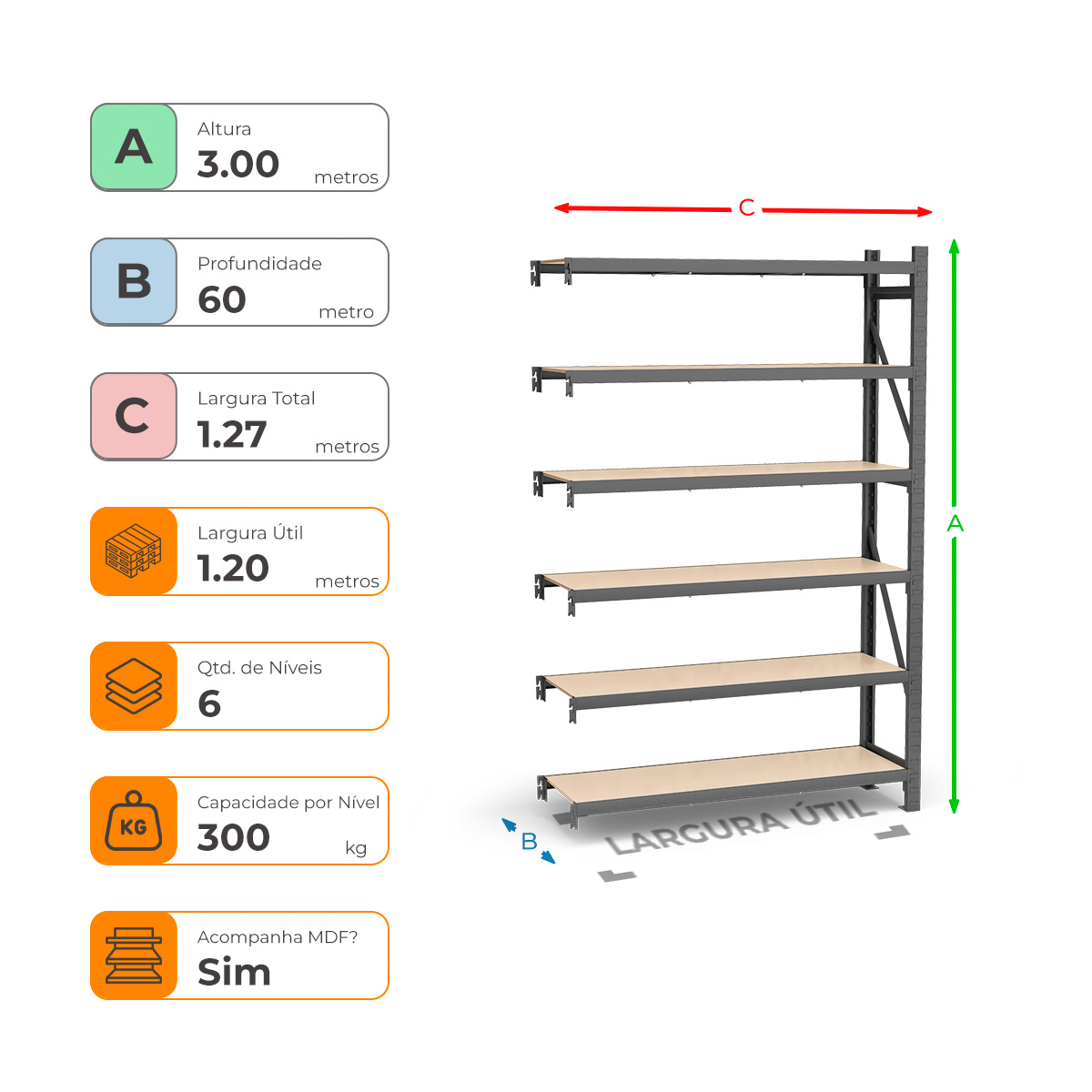 Mini Porta Paletes Complementar A3.00xL1.20xP0.60 - 6 Níveis 300 Kg por Nível MDF Std