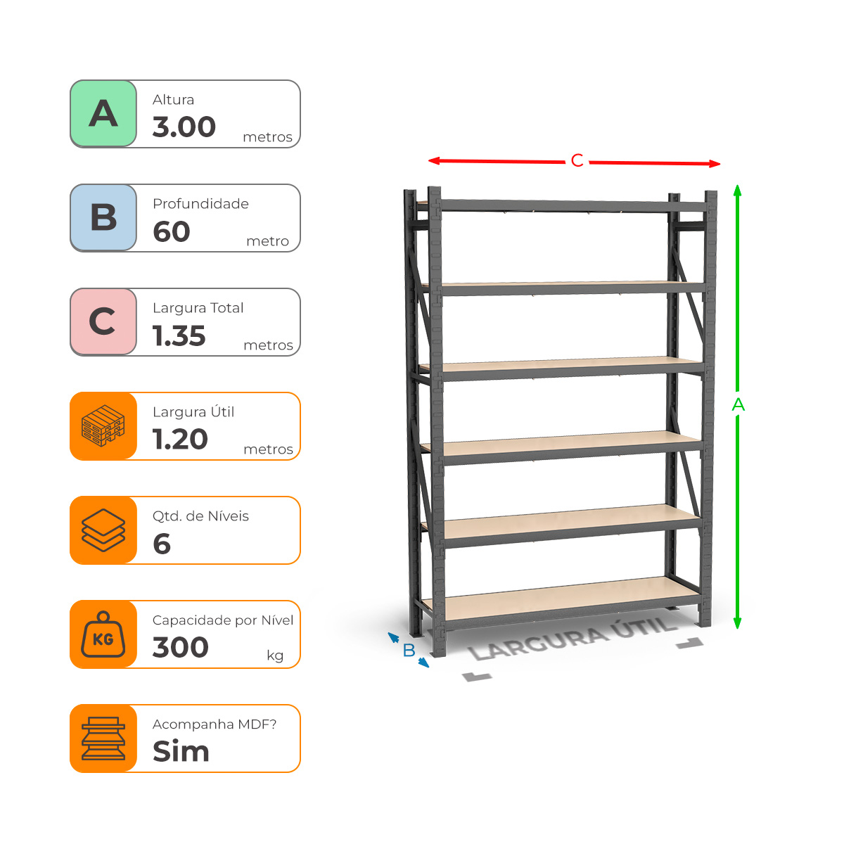 Mini Porta Paletes Inicial A3.00xL1.20xP0.60 - 6 Níveis 300 Kg por Nível MDF Std