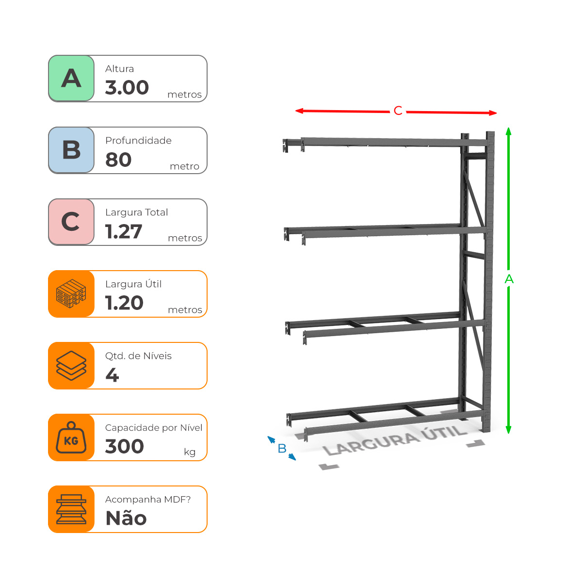Mini Porta Paletes Complementar A300xL120xP80 - 4 Níveis 300 Kg Por Nível Sem MDF