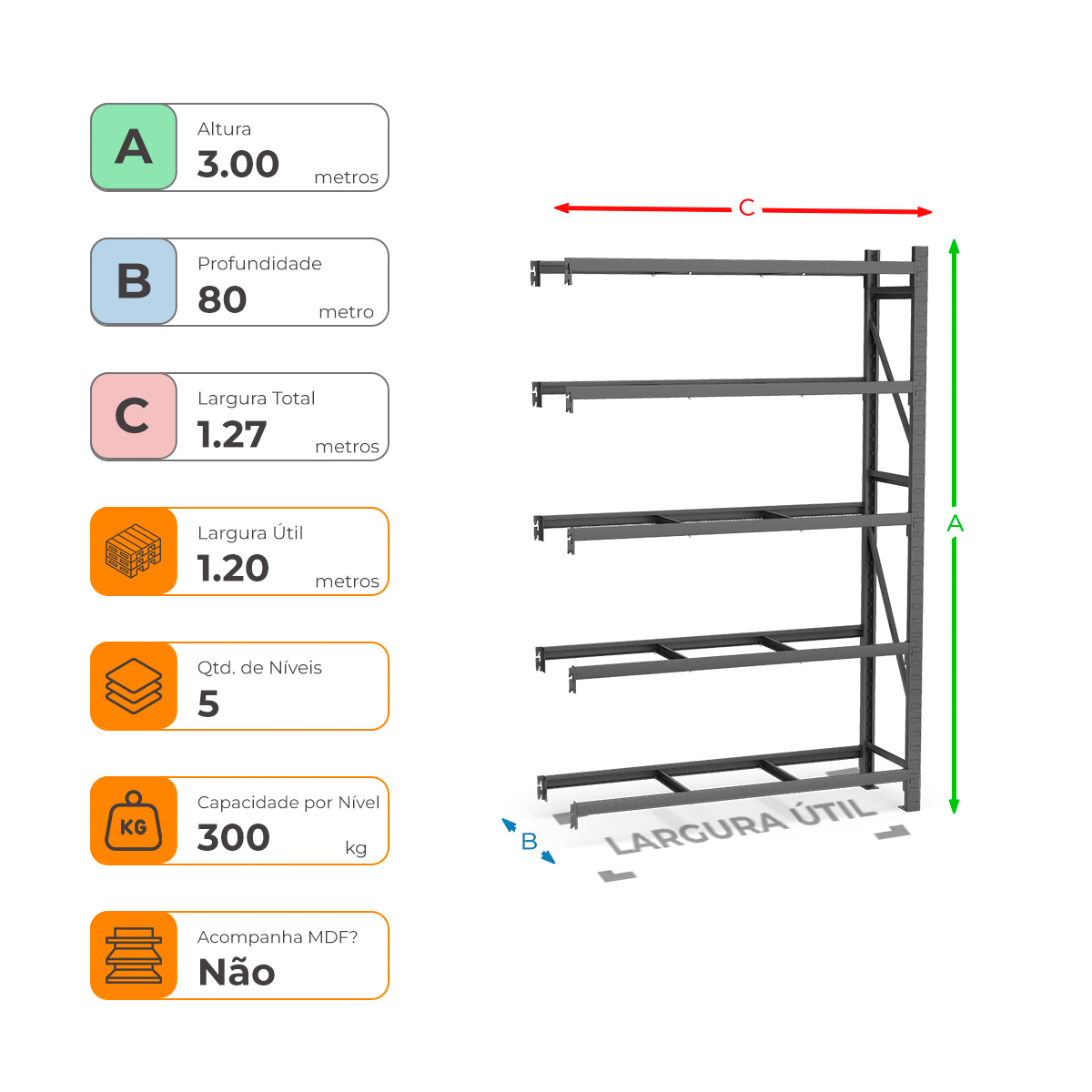 Mini Porta Paletes Complementar A300xL120xP80 - 5 Níveis 300 Kg Por Nível Sem MDF
