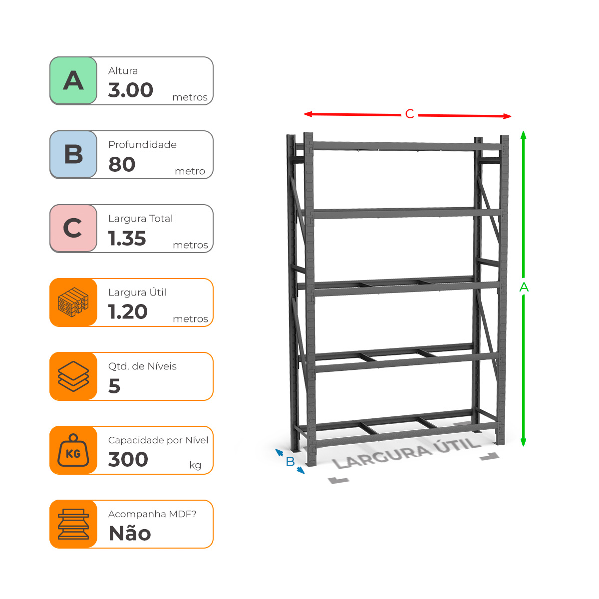Mini Porta Paletes Inicial A300xL120xP80 - 5 Níveis 300 Kg Por Nível Sem MDF