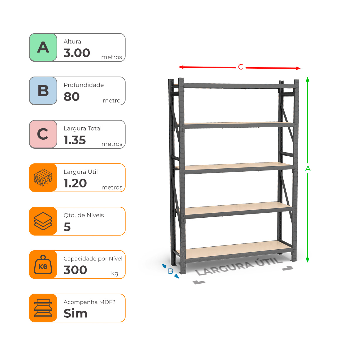 Mini Porta Paletes Inicial A3.00xL1.20xP0.80 - 5 Níveis 300 Kg por Nível MDF Std