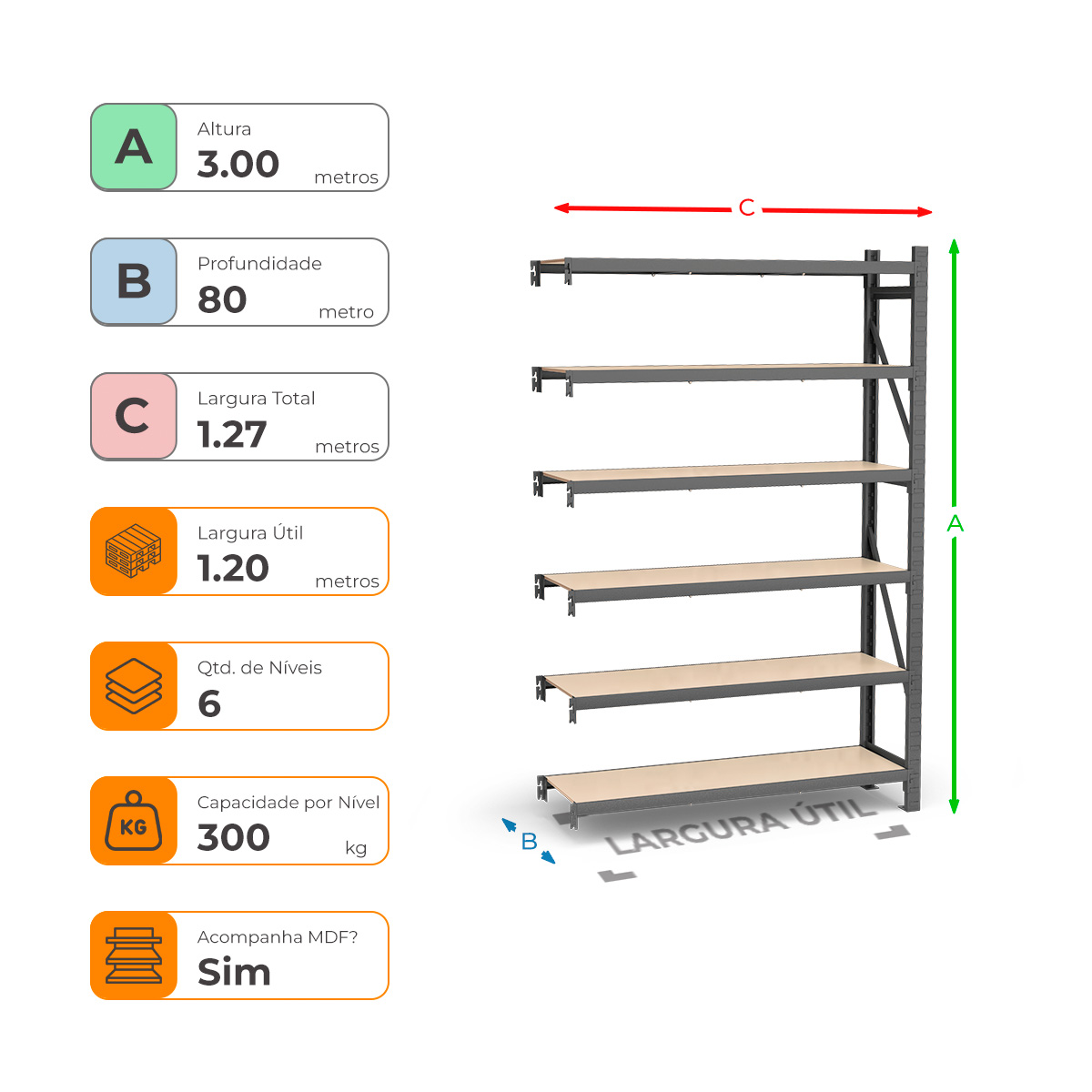 Mini Porta Paletes Complementar A3.00xL1.20xP0.80 - 6 Níveis 300 Kg por Nível MDF Std