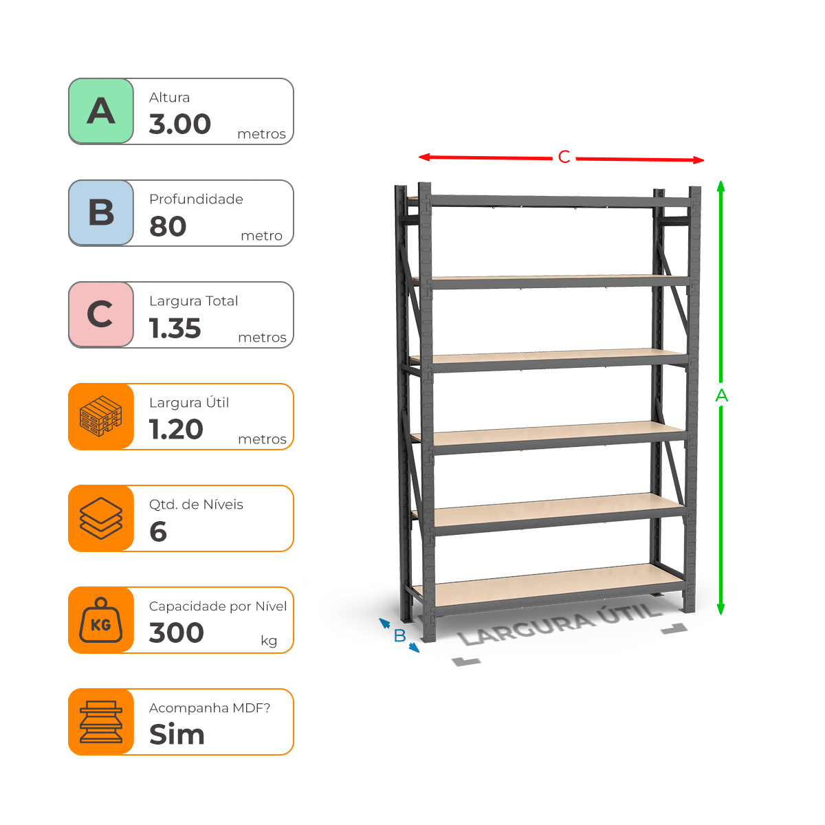 Mini Porta Paletes Inicial A3.00xL1.20xP0.80 - 6 Níveis 300 Kg por Nível MDF Std